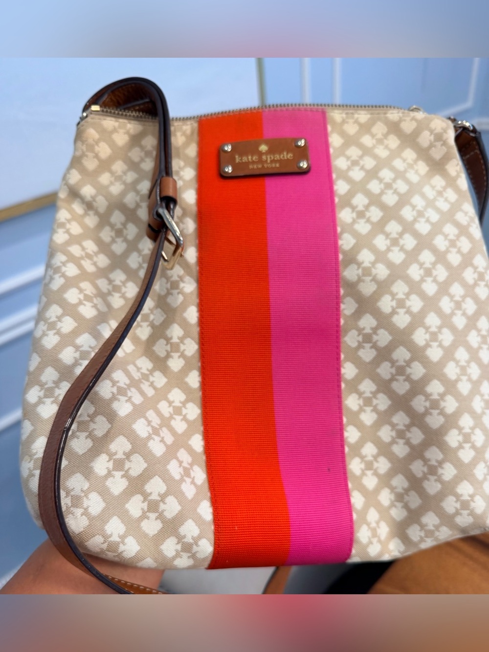 Kate Spade New York Canvas Crossbody Bag | Pink & Red Stripe GUC - Picture 11 of 12